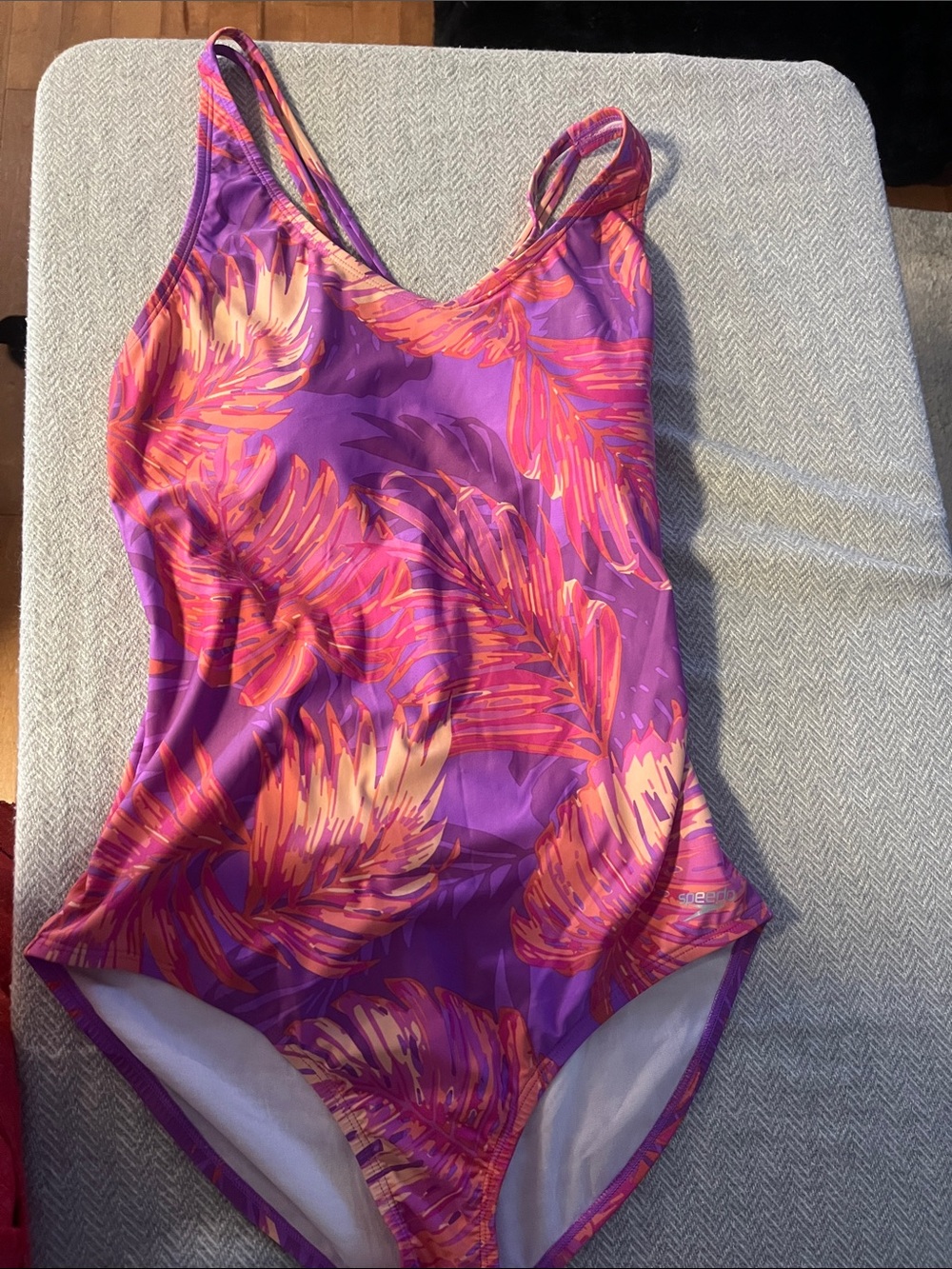 Speedo Purple One-Piece Swimsuit with Pink and Orange Leaf Print